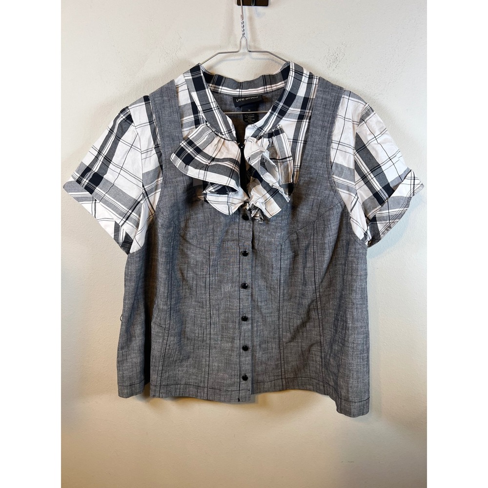 Lane Bryant Womens Blouse Ruffle Jabot Layered Vest Grey Plaid Size 18